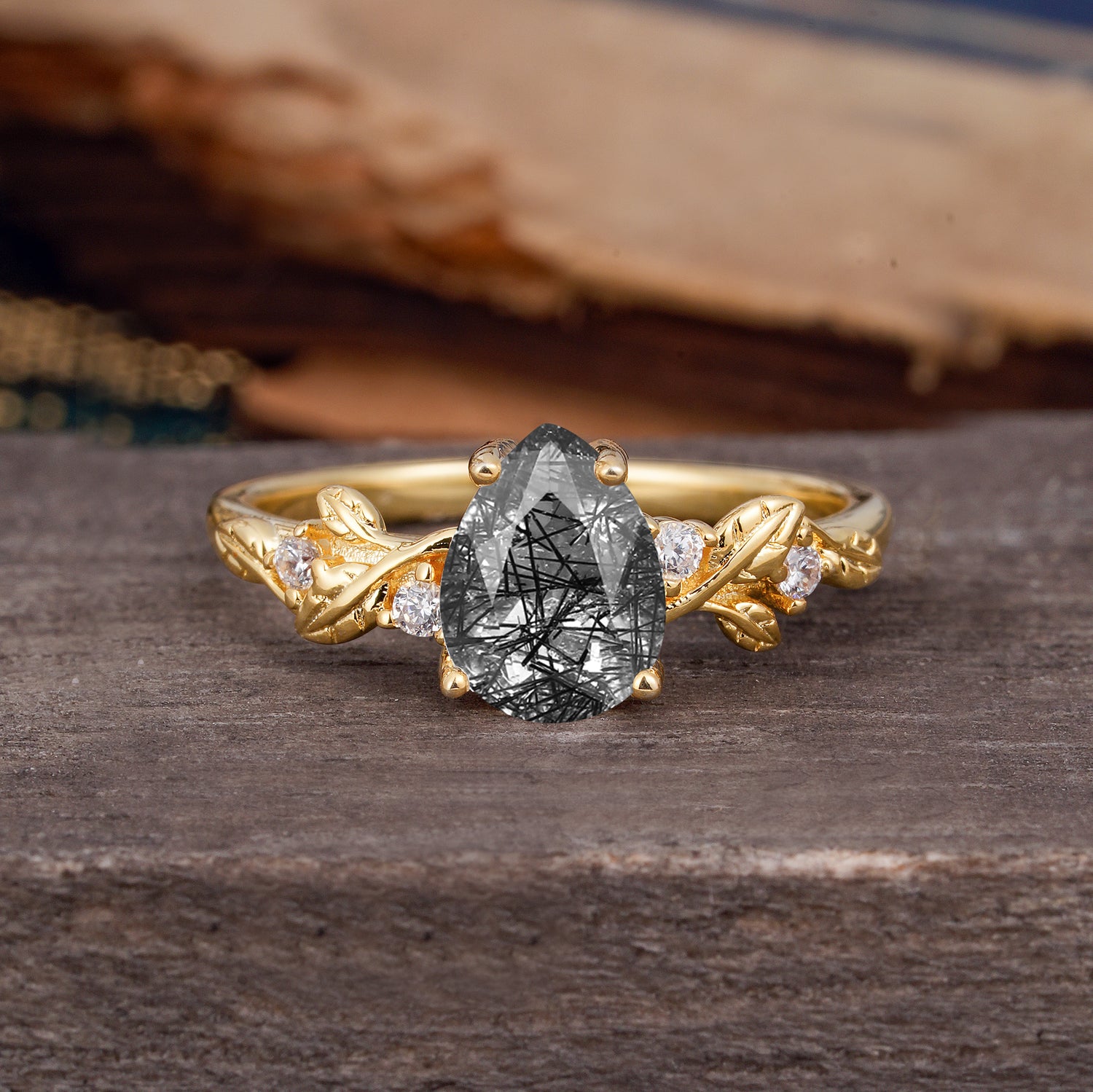 Pear Shaped Nature-Inspired Women's Black Rutilated Quartz Engagement Ring