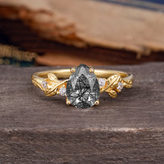 Pear Shaped Natural Women's Black Rutilated Quartz Engagement Ring
