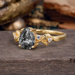 Pear Shaped Natural Women's Black Rutilated Quartz Engagement Ring