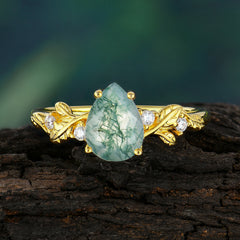Pear Shaped Natural Women's Moss Agate Engagement Ring
