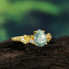 Pear Shaped Natural Women's Moss Agate Engagement Ring