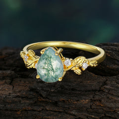 Pear Shaped Natural Women's Moss Agate Engagement Ring