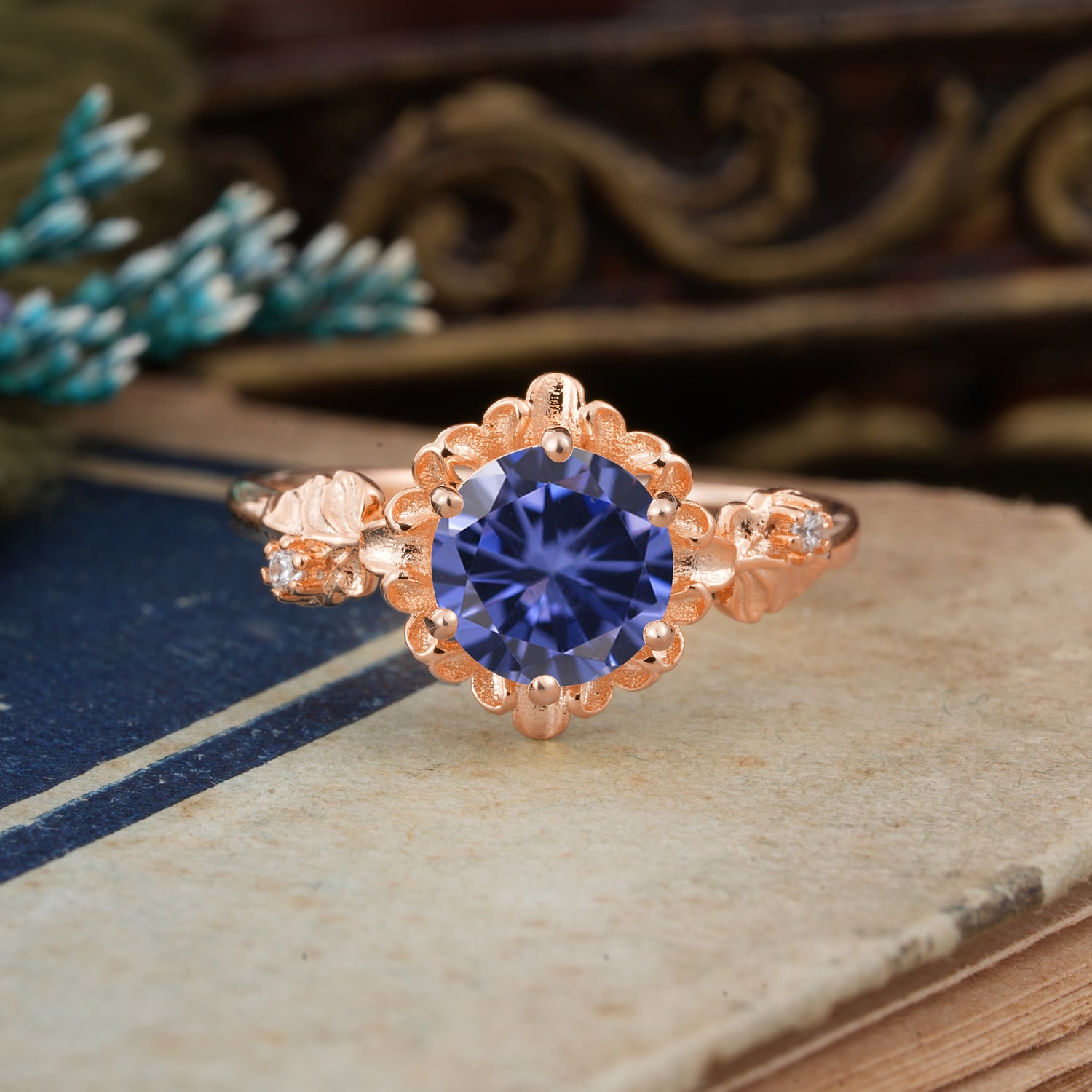 Classic Vintage 4-Prong Round Tanzanite Engagement Ring