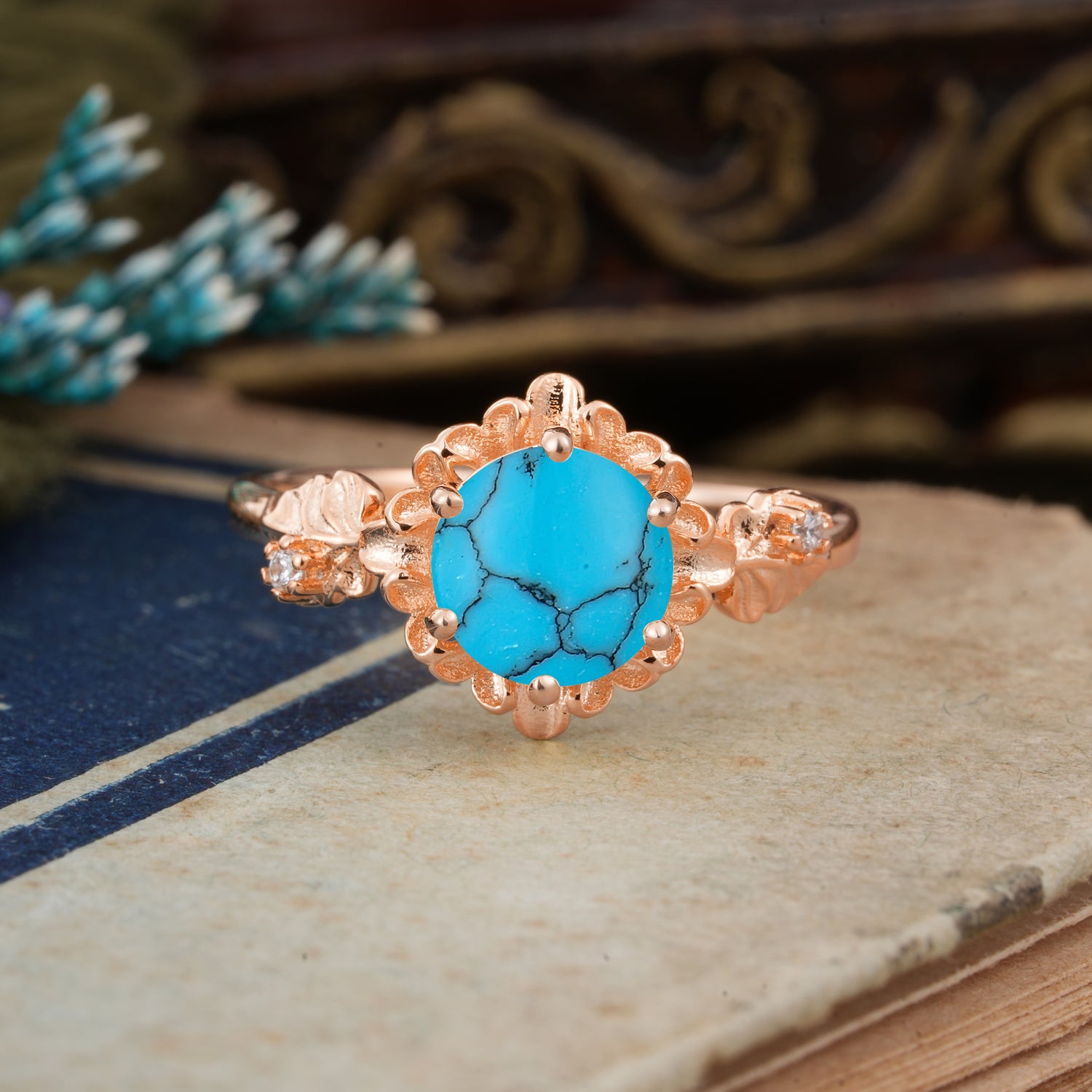 Classic Vintage 4-Prong Round Turquoise Engagement Ring