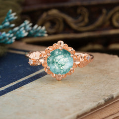 Classic Vintage 4-Prong Round Natural Moss Agate Engagement Ring