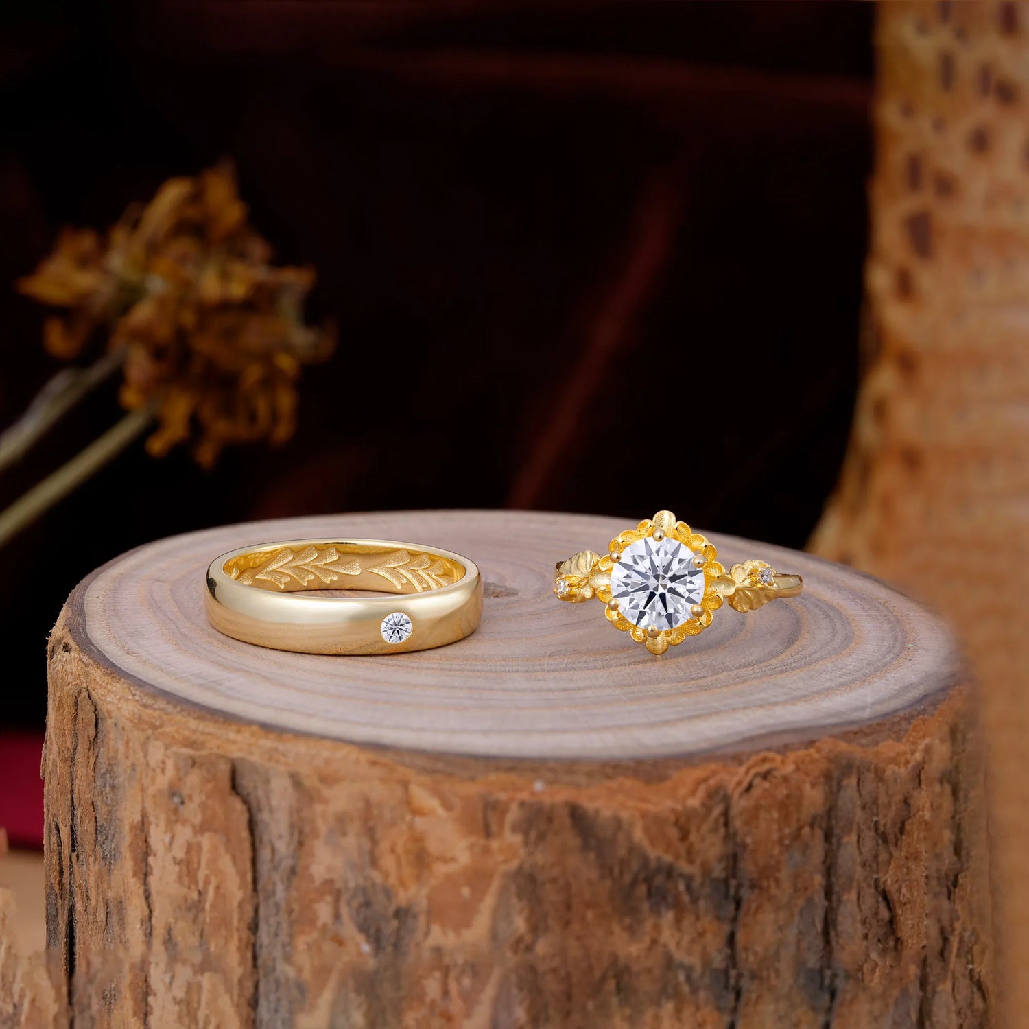 Elegant Floral Leaf Lab Diamond Center Wedding Couple Rings