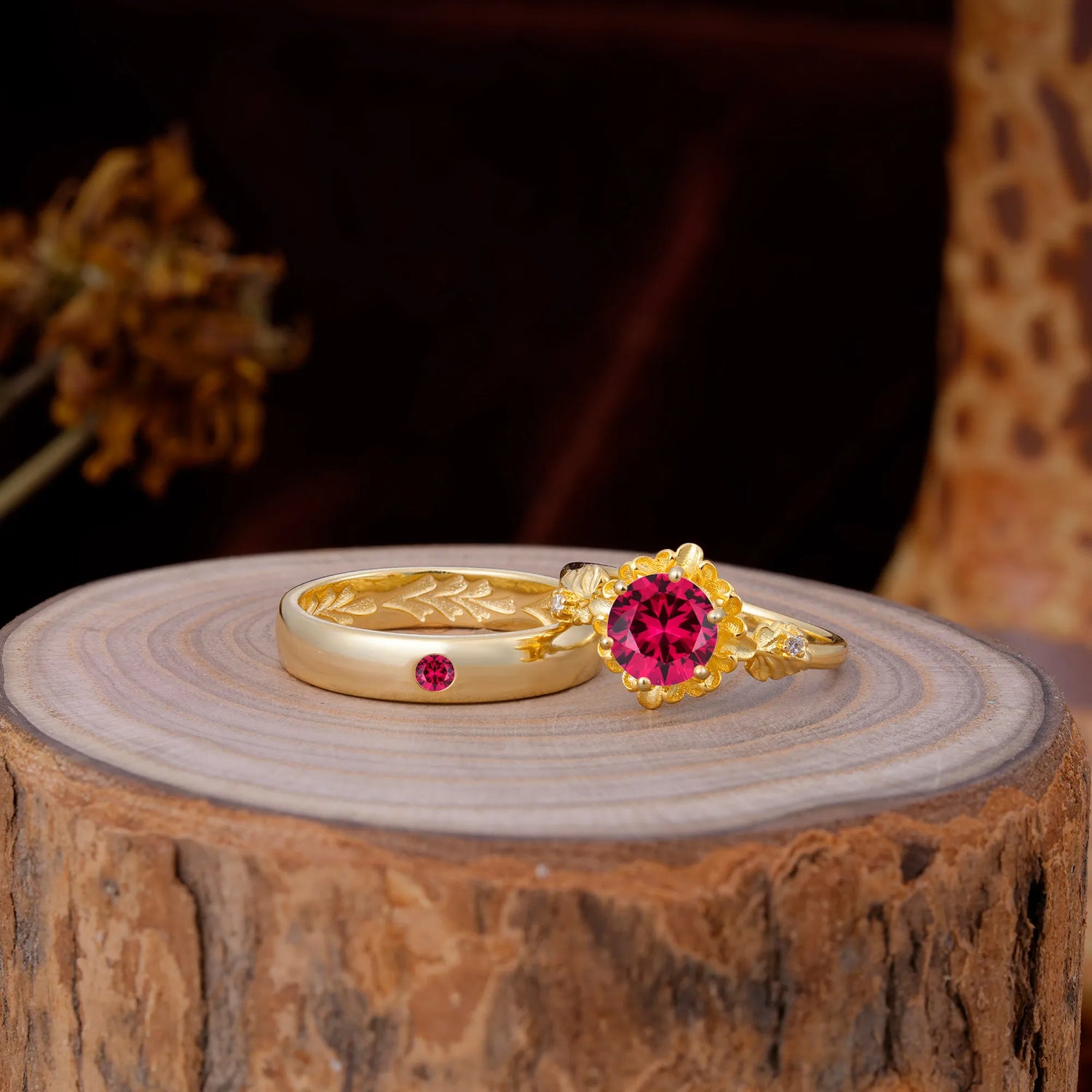 Elegant Floral Leaf Ruby Center Wedding Couple Rings