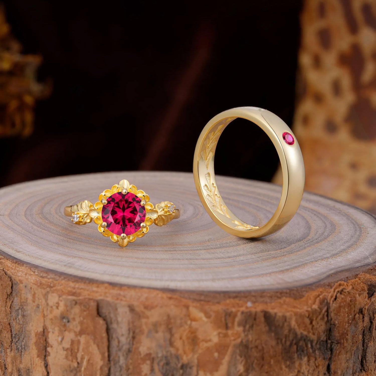 Elegant Floral Leaf Ruby Center Wedding Couple Rings