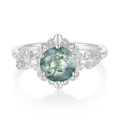 Classic Vintage 4-Prong Round Natural Moss Agate Engagement Ring