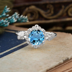 Classic Vintage 4-Prong Round Aquamarine Engagement Ring