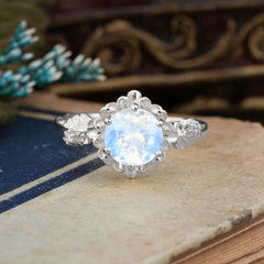Classic Vintage 4-Prong Round Moonstone Engagement Ring