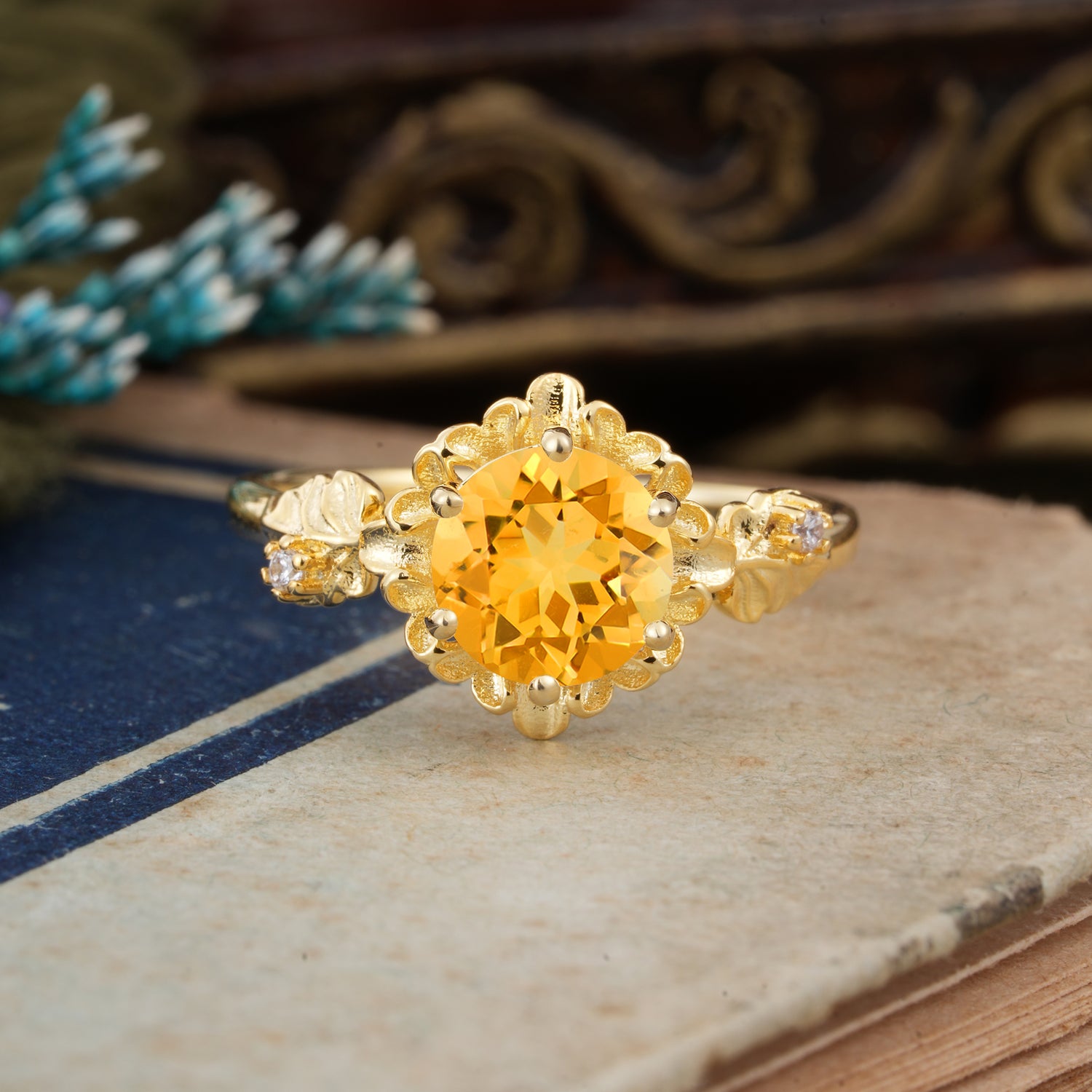 Classic Vintage 4-Prong Round Citrine Engagement Ring