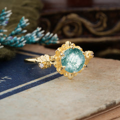 Classic Vintage 4-Prong Round Natural Moss Agate Engagement Ring