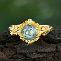 Classic Vintage 4-Prong Round Natural Moss Agate Engagement Ring