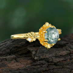 Classic Vintage 4-Prong Round Natural Moss Agate Engagement Ring