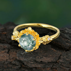 Classic Vintage 4-Prong Round Natural Moss Agate Engagement Ring