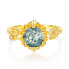Classic Vintage 4-Prong Round Natural Moss Agate Engagement Ring