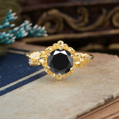 Classic Vintage 4-Prong Round Black Onyx Engagement Ring