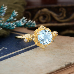 Classic Vintage 4-Prong Round Aquamarine Engagement Ring