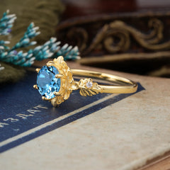 Classic Vintage 4-Prong Round Aquamarine Engagement Ring