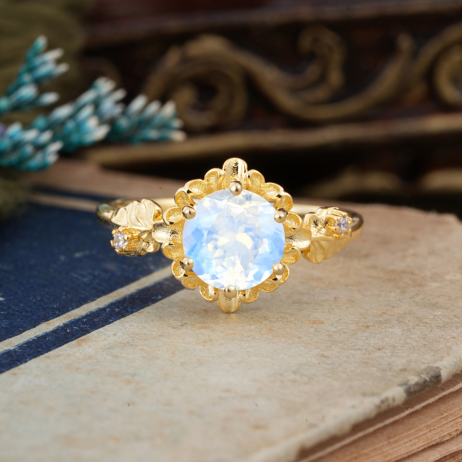 Classic Vintage 4-Prong Round Moonstone Engagement Ring - Romalar Jewelry