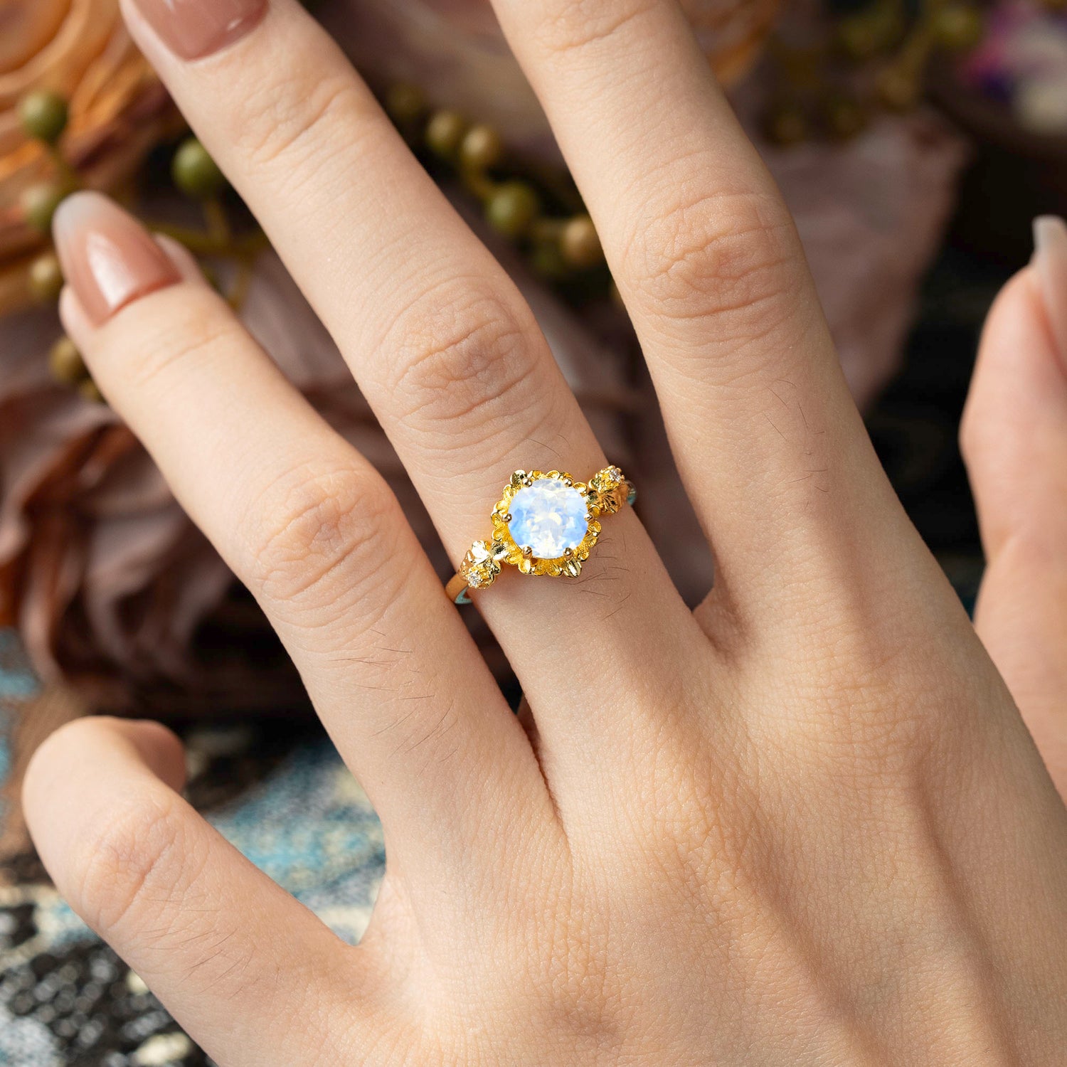 Classic Vintage 4-Prong Round Moonstone Engagement Ring - Romalar Jewelry