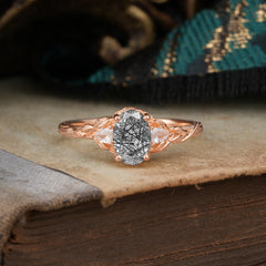 Timeless Classic Nature-Inspired 4-Prong Oval-Cut Natural Black Rutilated Quartz Engagement Ring