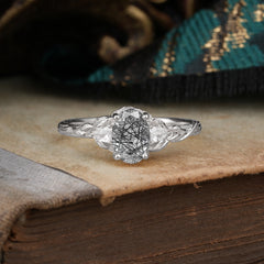 Timeless Classic Nature-Inspired 4-Prong Oval-Cut Natural Black Rutilated Quartz Engagement Ring