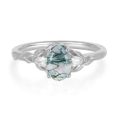 Timeless Classic Nature-Inspired 4-Prong Oval-Cut Natural Moss Agate Engagement Ring