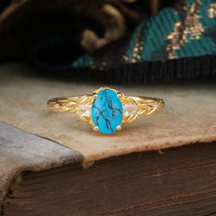 Timeless Classic Nature-Inspired 4-Prong Oval-Cut Natural Turquoise Engagement Ring