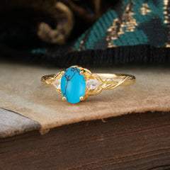 Timeless Classic Nature-Inspired 4-Prong Oval-Cut Natural Turquoise Engagement Ring