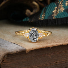 Timeless Classic Nature-Inspired 4-Prong Oval-Cut Natural Black Rutilated Quartz Engagement Ring