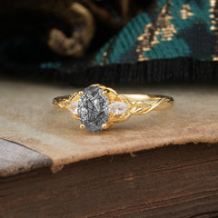 Timeless Classic Nature-Inspired 4-Prong Oval-Cut Natural Black Rutilated Quartz Engagement Ring