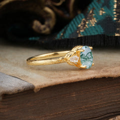 Timeless Classic Nature-Inspired 4-Prong Oval-Cut Natural Moss Agate Engagement Ring