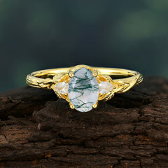 Timeless Classic Nature-Inspired 4-Prong Oval-Cut Natural Moss Agate Engagement Ring