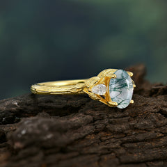 Timeless Classic Nature-Inspired 4-Prong Oval-Cut Natural Moss Agate Engagement Ring