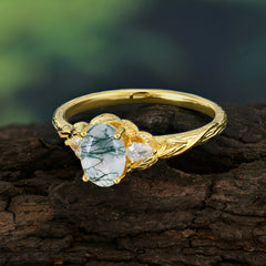 Timeless Classic Nature-Inspired 4-Prong Oval-Cut Natural Moss Agate Engagement Ring