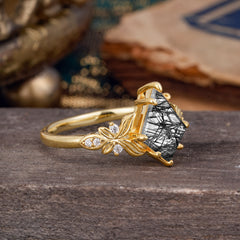 Luxe Vintage 4 Prong Kite-Cut Natural Black Rutilated Quartz Engagement Ring