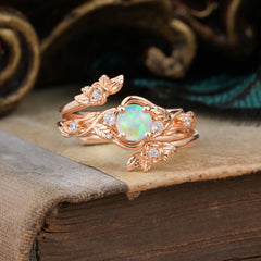 Floral themed 4 Prong Round Opal Wedding Ring Set