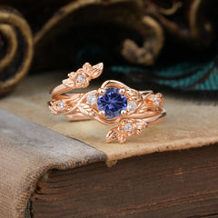 Floral themed 4 Prong Round Tanzanite Wedding Ring Set