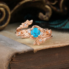 Floral themed 4 Prong Round Turquoise Wedding Ring Set