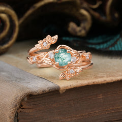 Floral themed 4 Prong Round Moss Agate Wedding Ring Set