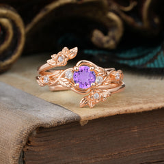 Floral themed 4 Prong Round Amethyst Wedding Ring Set