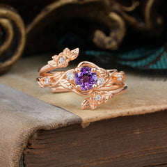 Floral themed 4 Prong Round Amethyst Wedding Ring Set