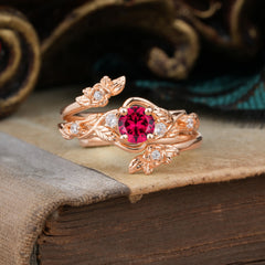 Floral themed 4 Prong Round Ruby Wedding Ring Set