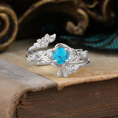 Floral themed 4 Prong Round Turquoise Wedding Ring Set