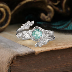 Floral themed 4 Prong Round Moss Agate Wedding Ring Set