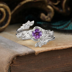 Floral themed 4 Prong Round Amethyst Wedding Ring Set