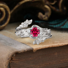 Floral themed 4 Prong Round Ruby Wedding Ring Set