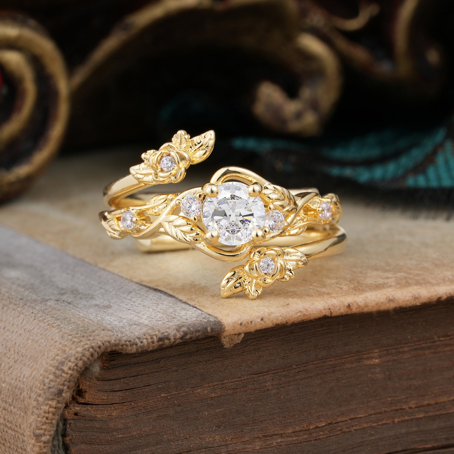 Floral Themed 4 Prong Round Moissanite Engagement Ring Set